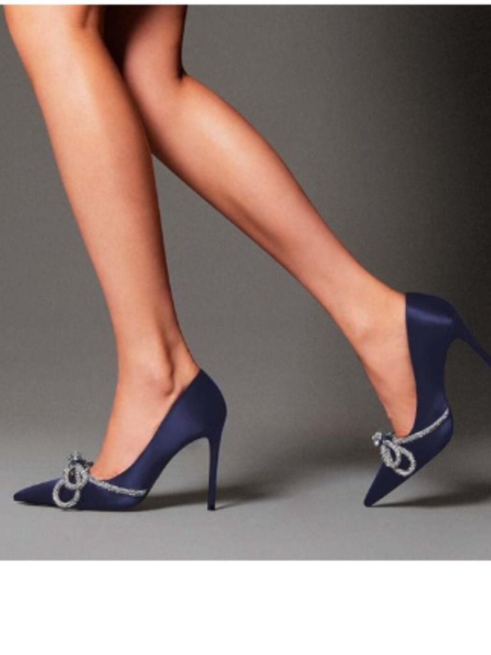 XYD Navy High Thin Heel Slip On Pumps for Office Lady Bowknot Rhinestones Shoes